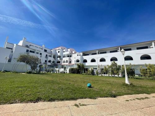 a large white building with a ball in the grass at Golden Breeze Holidays in Sagres