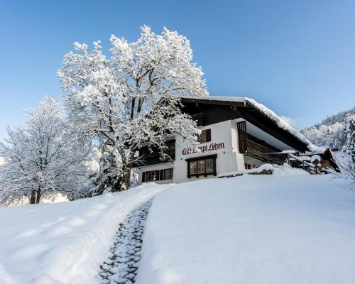 a snow covered path in front of a building at Hotel & Chalets Lampllehen in Marktschellenberg