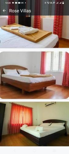 duas fotos de uma cama num quarto em Rose villas em Athirappilly