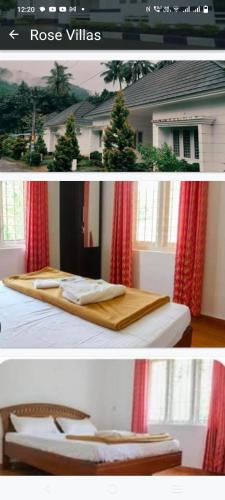 duas fotografias de um quarto com uma tábua de cortar madeira em Rose villas em Athirappilly