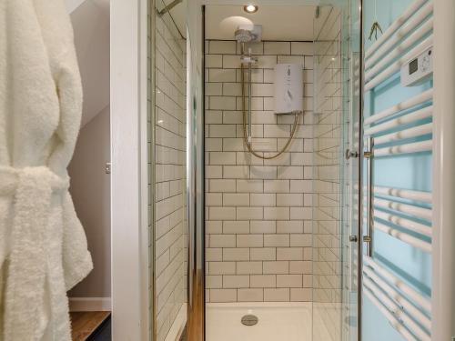 y baño con ducha y puerta de cristal. en 1 bed in Launceston 78428 en Boyton