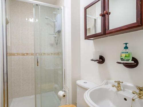 a bathroom with a shower and a sink at 3 Bed in Lynton 78823 in Lynmouth