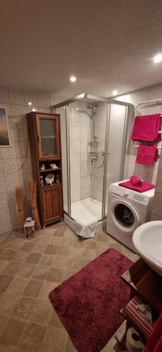 a bathroom with a shower and a washing machine at Ferienwohnung Am Berg in Wieda