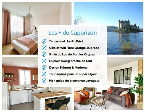 un collage de photos d'une chambre et d'une pièce dans l'établissement Caporizon-La Marote-Gite calme tout neuf, à Lanobre