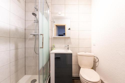 une salle de bain avec toilettes, lavabo et douche dans l'établissement L'Etoile Polaire - Appt vue montagne, à Villarembert