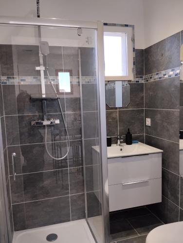 une salle de bain avec douche et lavabo dans l'établissement Studio Pont du Gard, à Sernhac
