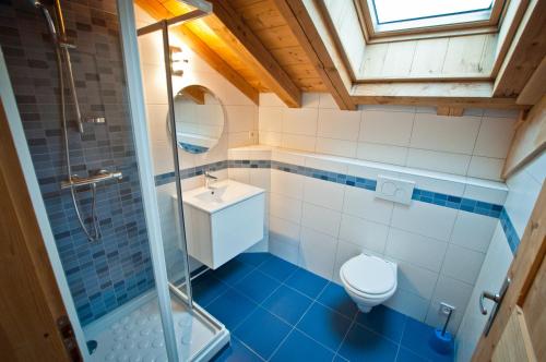 a bathroom with a toilet and a sink and a shower at Chalet La Merlerie in Morzine