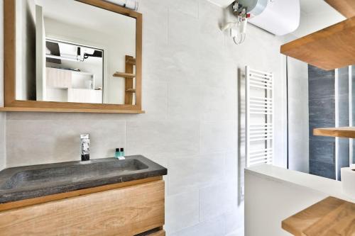 a bathroom with a sink and a mirror at Cosy studio à proximité du Musée du Louvre in Paris