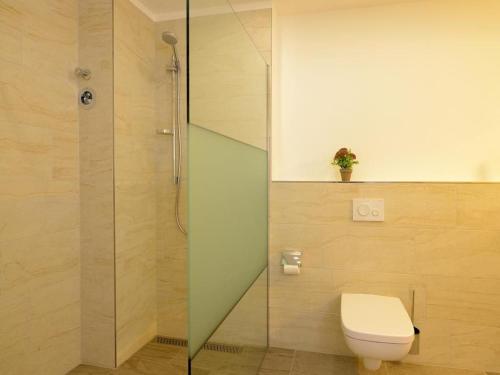 a bathroom with a toilet and a glass shower at Ohlerich Speicher App_ 27 in Wismar