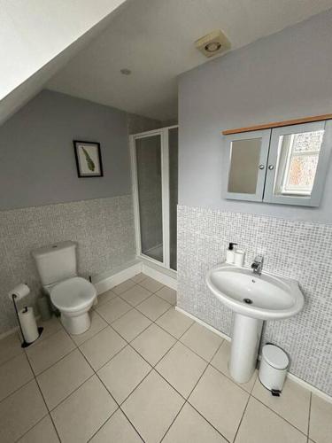 a bathroom with a toilet and a sink at Modern & Comfortable with Free Parking in Bedford
