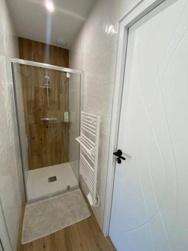 une salle de bain avec une douche avec une porte vitrée dans l'établissement T1 ( Saint-Jean-de-Monts ) calme et central, à Saint-Jean-de-Monts