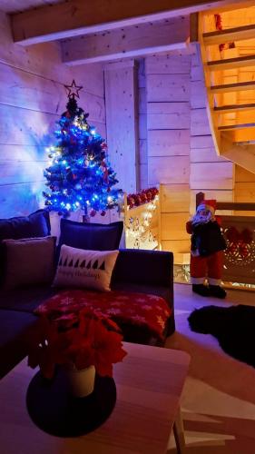a living room with a christmas tree and a couch at Wood House in Nowy Targ