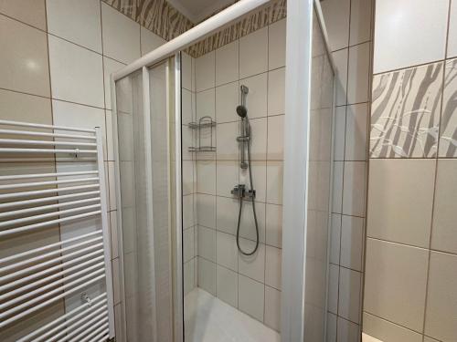 eine Dusche im weiß gefliesten Bad mit Dusche in der Unterkunft Apartment Sadova Karlovy Vary in Karlsbad