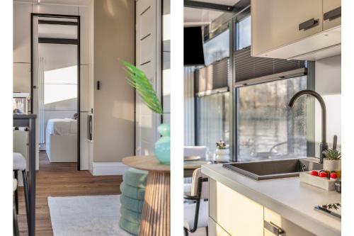 two images of a kitchen with a sink and a room at Charming Tiny Houseboat Escape Near Amsterdam in Kortenhoef