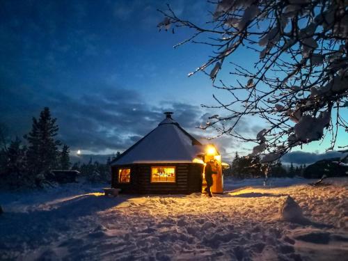 LifjellにあるLifjellstuaの雪上の丸太小屋の前に立つ夫婦