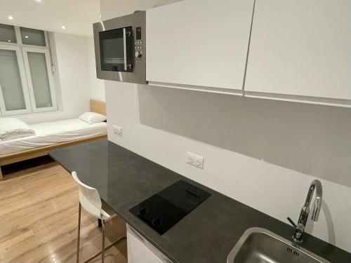 eine Küche mit einer Spüle und einer Arbeitsplatte in der Unterkunft Studio meublé Longwy-Haut Centre in Longwy