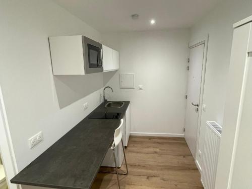 eine Küche mit einer Spüle und einer Mikrowelle in der Unterkunft Studio meublé Longwy-Haut Centre in Longwy