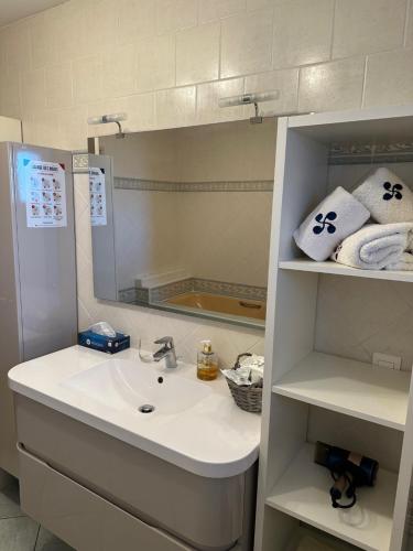 La salle de bains est pourvue d'un lavabo, d'un miroir et de serviettes. dans l'établissement LES CHAMBRES D'ARRAUNTZ, à Ustaritz