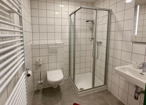 a bathroom with a shower and a toilet and a sink at Junges Hotel Melk in Melk