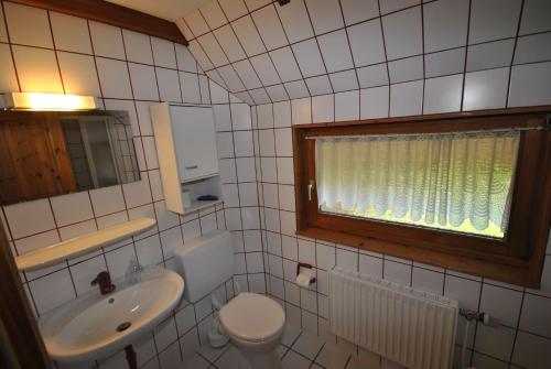 a bathroom with a sink and a toilet and a window at Ferienhaus Sturmtaucher in Otterndorf