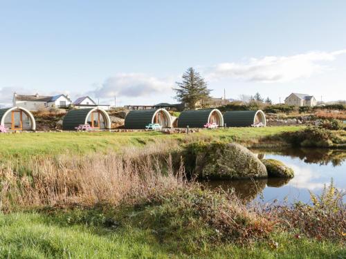 a group of domes in a field next to a pond at The Wheelhouse Pod No 4 in Letterkenny
