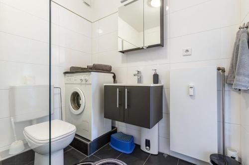 a bathroom with a toilet and a washing machine at Ferienwohnung Aartalblick Willingen in Willingen