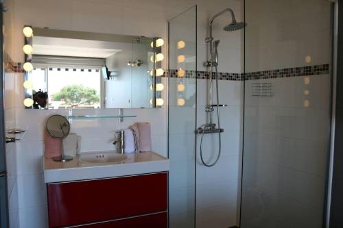 une salle de bain avec un lavabo et une douche dans l'établissement Studio 559, Port Nature 5 au village naturiste, au Cap d'Agde