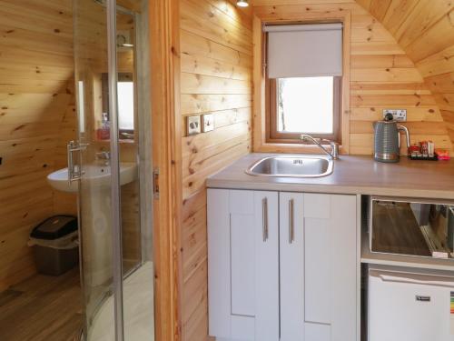 una pequeña cocina con lavabo y ducha en The Wheelhouse Pod No 6, en Letterkenny