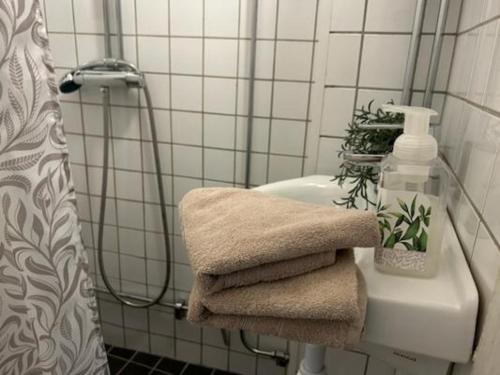斯德哥爾摩的住宿－Stockholm Loft Haven 3 Beds in a 1- Bedroom Gem - 917，浴室的盥洗盆后面配有毛巾