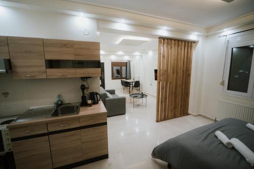 a bedroom with a kitchen and a living room at Panorama Apartment in Kozani