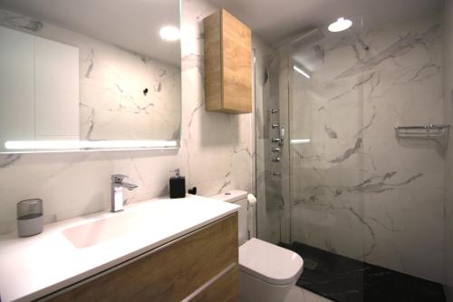 y baño con lavabo, aseo y ducha. en Apartamento CasaTuris en 1ª Línea Muchavista Edificio Voramar C106, en El Campello
