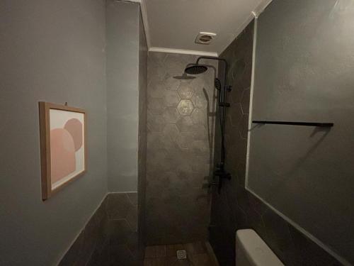 uma casa de banho com um chuveiro e um WC. em Expreso terminal em Montevidéu
