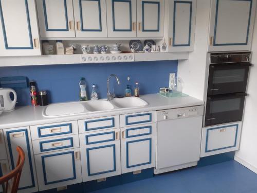 cocina con armarios blancos, fregadero y lavavajillas en Haus am Waldrand mit Fernblick, 