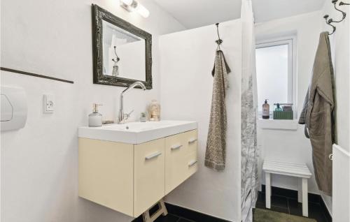 W białej łazience znajduje się umywalka i lustro. w obiekcie Beautiful Home In Hurup Thy With Wifi w mieście Doverodde