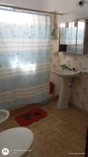uma casa de banho com uma cortina de chuveiro e um lavatório em El depto de mirta 964 Esquiu em San Bernardo