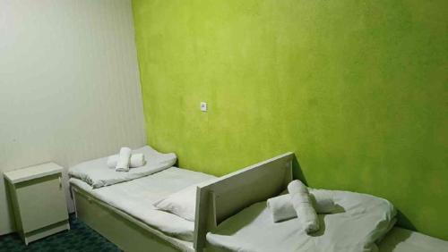 two beds in a room with green walls at DAVR хостел in Namangan