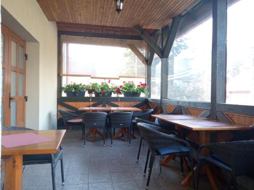 een restaurant met houten tafels, stoelen en ramen bij Villa Atriolum in Băile Tuşnad