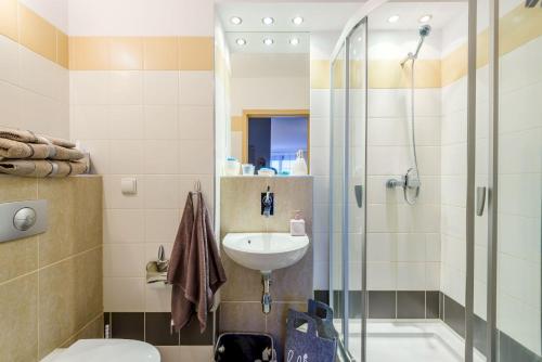 a bathroom with a shower toilet and a sink at Apartamenty NCNK Willa Turkusowa in Kąty Rybackie