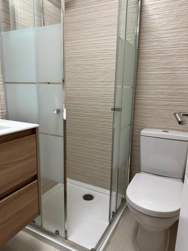a bathroom with a toilet and a glass shower at Estepona Center in Estepona