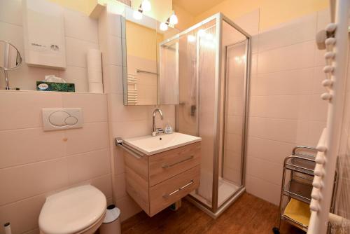 ein Bad mit einem WC, einem Waschbecken und einer Dusche in der Unterkunft Haus "Luv und Lee" Appartement LUV31 in Cuxhaven