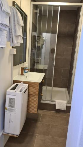 La salle de bains est pourvue d'une douche, d'un lavabo et de toilettes. dans l'établissement Swiss Holiday Apartments, à Spiez