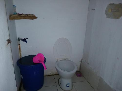 a bathroom with a toilet and a blue trash can at Lalosi Homestay in Besir