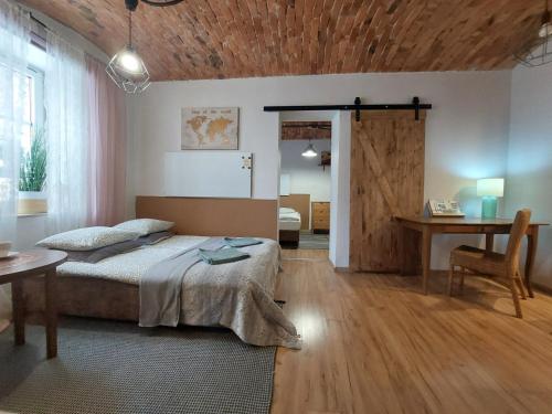 een slaapkamer met een bed, een tafel en een bureau bij Apartamenty Nova na Krakowskiej No 4 in Bielsko-Biala