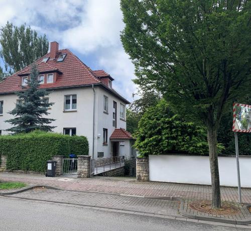 a white house with a tree in front of it at Ferienwohnung Am Luisenpark in Erfurt