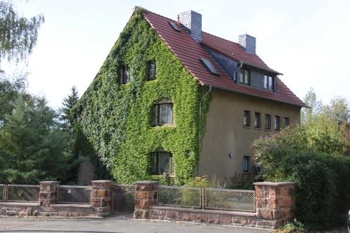 ein mit Efeu bedecktes Haus mit rotem Dach in der Unterkunft Ferienwohnung Blosenburgblick in Erfurt