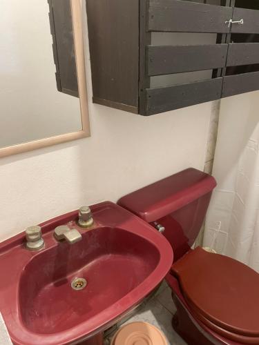 baño con lavabo rojo y aseo en Departamentos mora en Santa Teresita