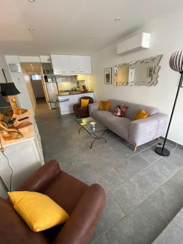 un salon avec deux canapés et une cuisine dans l'établissement Appartement 114, Port Ambonne au village naturiste, au Cap d'Agde
