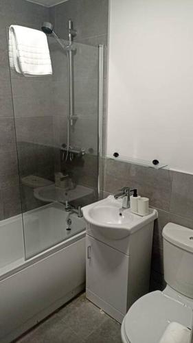 a bathroom with a shower and a toilet and a sink at The Boat House 503 in Leicester