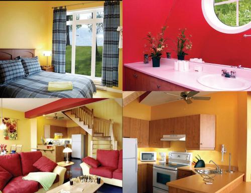 トロワ・リヴィエールにあるChalets Multivoile 4 Saisonsのベッドルームとリビングルームの3つの異なる写真