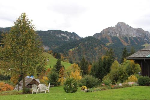 a house in a field with mountains in the background at Appartement Herbelands Est in Rougemont